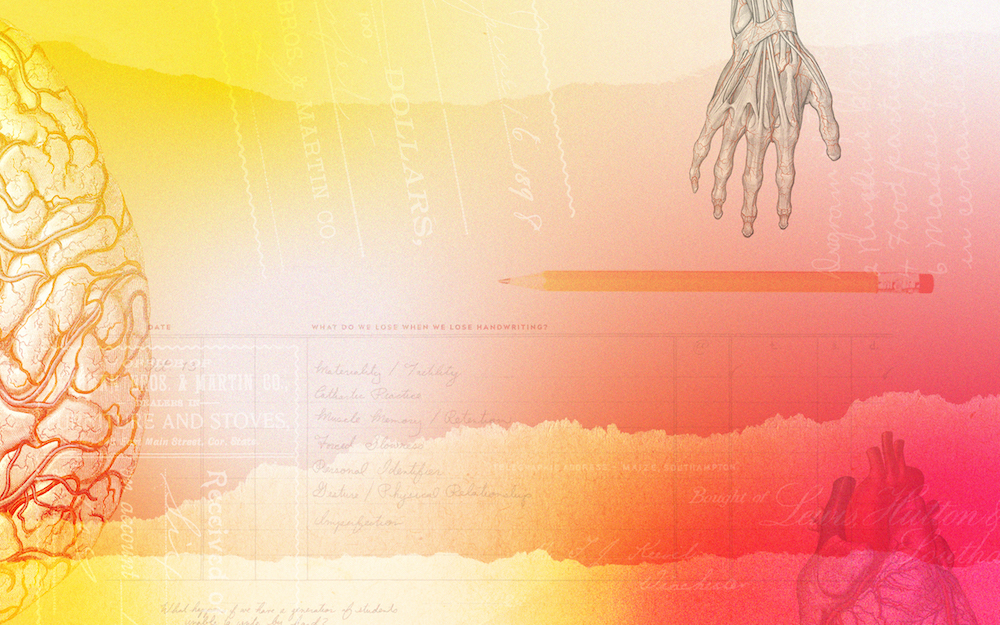 Sunset colored collage featuring a skeleton hand and pencil